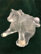 Contemporary Lalique glass model in the form of two recumbent lion cubs, 13 cm