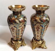 Pair of French Napoleon III Champleve Bronze and Coisonné enamelled vases in the manner of Ferdinand