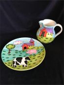 Italian platter and jug painted with farmyard scene