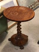 A Mahogany wine table with barley twist stem and claw feet