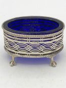 A small silver blue glass lined pot, hallmarked London 1897