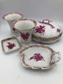 A Herend of Hungary dressing table set to include vases, pin trays and bowl with lid.