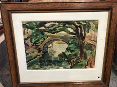 Oil on board signed HVL out of William Stone studio, depicting a bridge over water and woodland.