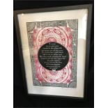 A large framed black, red and white print.