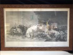 A framed engraving of a stampeding herd