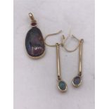 14ct Gold Black Opal pendant with ruby and matching opal earrings