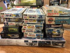 A selection of helicopter model kits from various makers, sixteen in total