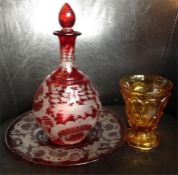 A Fine 19th Century Bohemian Ruby decanter & Plate together with yellow Amber goblet has description