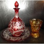 A Fine 19th Century Bohemian Ruby decanter & Plate together with yellow Amber goblet has description