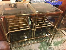 Three glass and brass column legged corner tables with matching coffee table