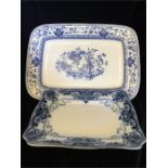 A pair of blue and white platters