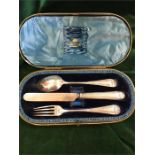 A boxed hallmarked Sheffield 1886,makers mark RMEH Christening set.