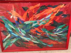 A Large fabric collage of birds in a red frame