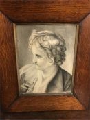 A Pencil drawing of a boy playing a flute in a wooden frame