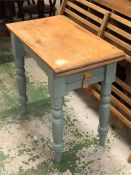 An antique pine and painted incidental table with drawer