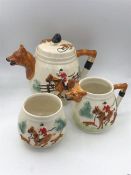 A Hunting themed tea pot, sugar bowl and milk jug