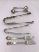 Assorted hallmarked silver items, forks, sugar nips etc.