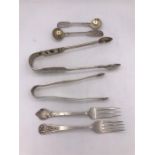 Assorted hallmarked silver items, forks, sugar nips etc.