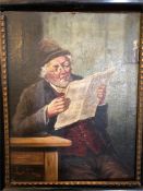 An oil on canvas of man reading newspaper