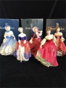 Five Royal Doulton Figures, three in boxes Fair Lady, Alice, Phyllis, Autumn and Belle.