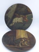 Two oil on metal paintings of two cats and a dog signed Landseer to the back