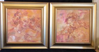 A Pair of paintings by Nicola Russell of a mother and a mother and child oil on canvas (37cm x