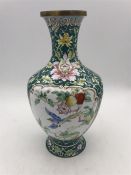 An enamel ware vase with birds and flowers