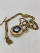 A 14ct gold half hunter pocket watch with blue guilloche enamel chapter ring and 15ct gold Albert