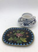 A Miniature cup and saucer and cloisonné pin tray