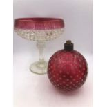 A 19th Century Cranberry Lamp Base and a Cranberry rimmed Tazza