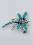 A silver Marcasite and enamel set Dragonfly Brooch