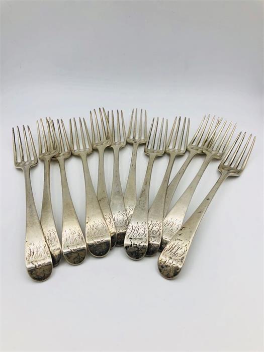 A set of twelve table forks, dated 1742, makers mark HB possibly Henry Bailey. (681g) - Image 4 of 6