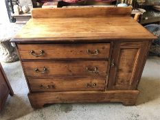 An Antique Pine sideboard or cabinet with three drawers and a side cupboard 112cm x 55cm on