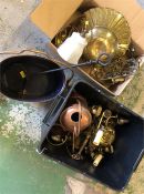 A selection of brass items, across two boxes.