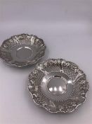 A Pair of silver dishes with pierced design and fruit decoration, hallmarked 1996 by VS