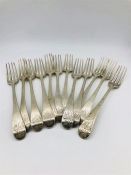 A set of twelve table forks, dated 1742, makers mark HB possibly Henry Bailey. (681g)