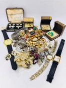 A volume of costume jewellery and watches etc