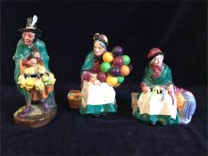 A selection of three Royal Doulton figures, The Old Balloon seller, The Mask seller, Silks And