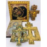 Selection of Russian icons and brass crucifixes (Five)