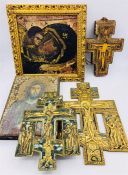 Selection of Russian icons and brass crucifixes (Five)