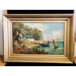 A framed oil on canvas of a Village Harbour (109cm x 74cm)