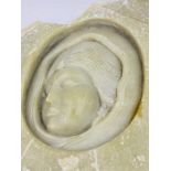 A carved marble face in soapstone.