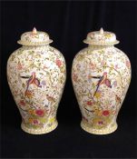 A Large Pair of Contemporary Ginger Jars with floral and exotic bird design.(63cm)