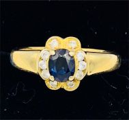 14ct yellow gold blue sapphires and created diamond ring