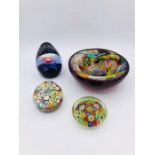 Four items of glass to include a Caithness paperweight
