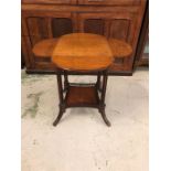 Small Drop leaf side table with four leaves, readed legs, lower shelf with fret work threading.