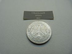 A German silver 1928 5 Reichsmark coin, UNC 25g Eagle with Oak Tree to reverse