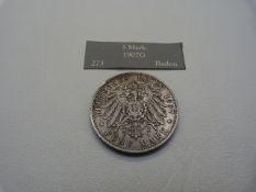A silver German 1907 5 Mark coin 27.7g, VF Frederick Grosherzog von Baden with Eagle to reverse,