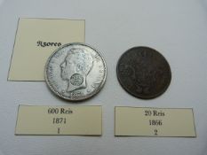 Two coins from the Azores, 1871 600 Reis and an 1866 20 Reis