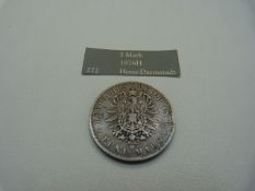 A German silver 1876 5 Mark coin, VF, 27.3g, Ludwig III Grosherzog von Hessen with Eagle to reverse,